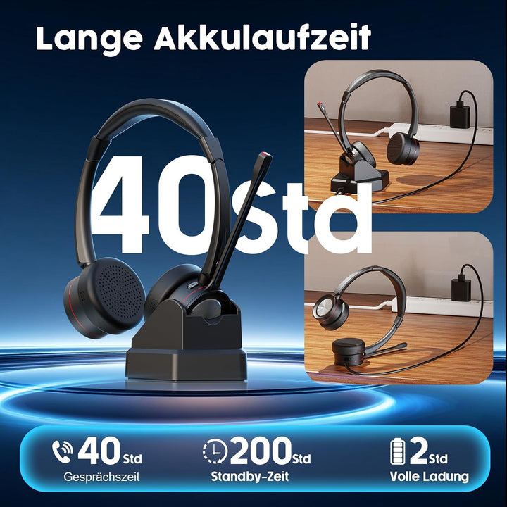 Bluetooth Headset mit Mikrofon Noise Canceling, Wireless Headset mit Ladestation &amp; USB Dongle, Stumm