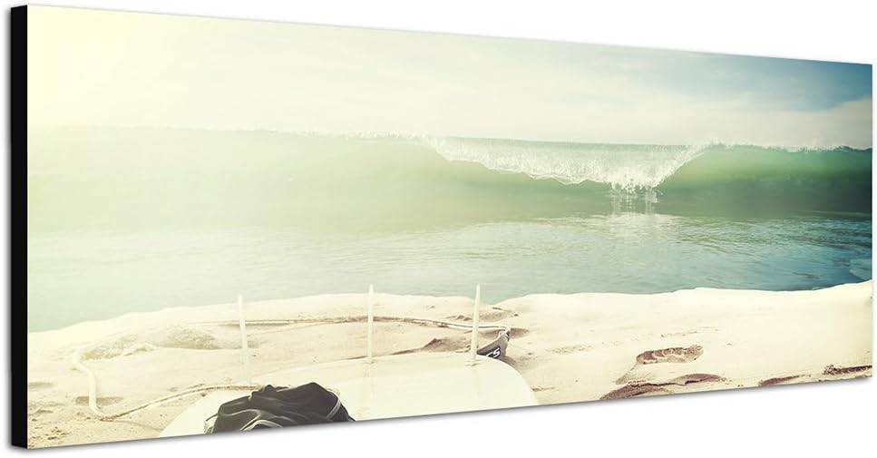Paul Sinus Art Panoramabild auf Leinwand und Keilrahmen 150x50cm Strand Meer Surfbrett Welle Vintage