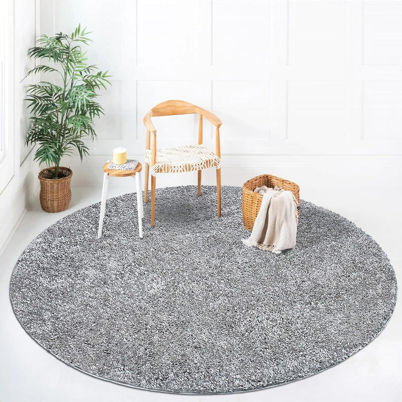 payé Teppich Rund Hochflor Shaggy - 200x200cm - Grau Einfarbig Uni Flauschig Modern Boho Wohnzimmer