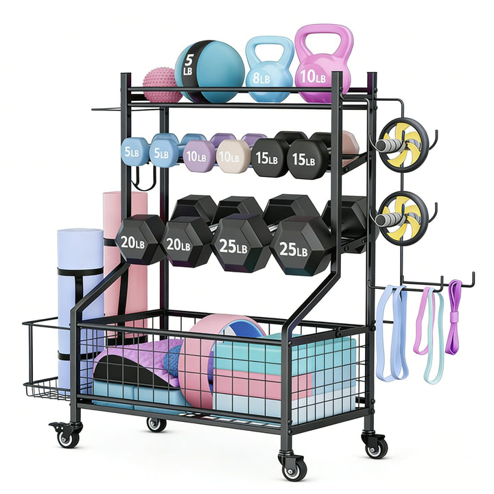 4-stufiges Hantelregal, multifunktional &amp; breitenverstellbar, Aufbewahrung für Hanteln, Kettlebells,