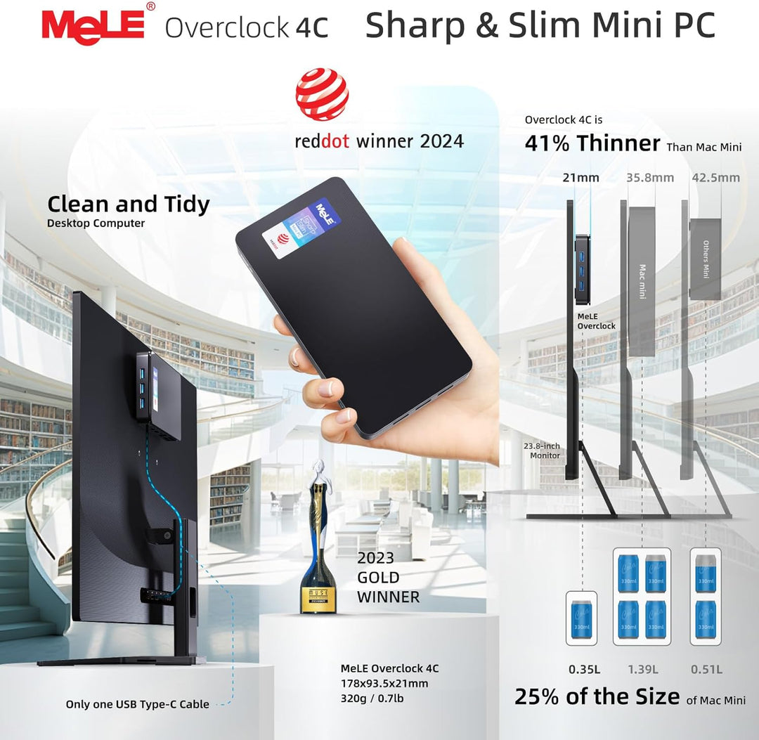 MeLE Mini-PC Overclock4C, Reddot-Gewinner 2024, Win 11 Pro N100 16GB 512GB, 4K-HDMI-Anzeige, USB-C P