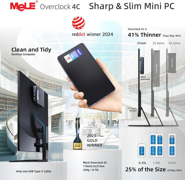 MeLE Mini-PC Overclock4C, Reddot-Gewinner 2024, Win 11 Pro N100 16GB 512GB, 4K-HDMI-Anzeige, USB-C P