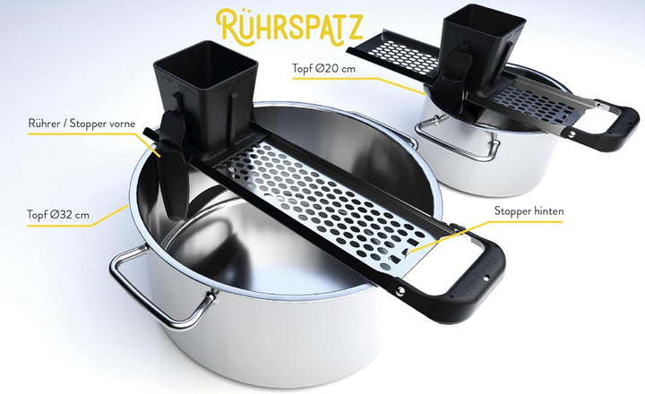 Rührspatz® Edelstahl Spätzlehobel mit Rührfunktion, super hygienisches Design, Grosse und kleine Spä