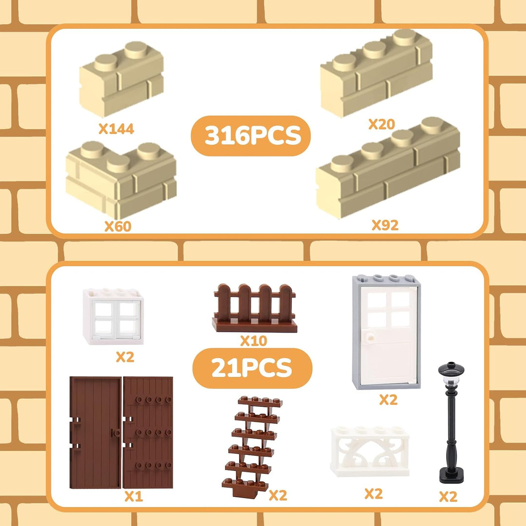 Cabeeskii 337 Stück Bausteine, Masonry Profile Bricks, Enthält Steine Fenster Türen Zäune Sets zubeh