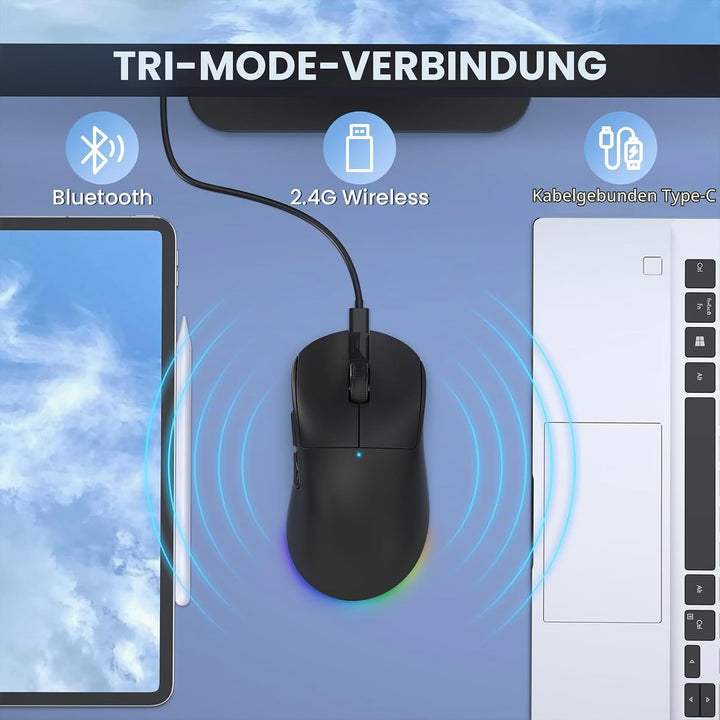 A.JAZZ NJ08 Tri-Mode Kabellose Gaming Maus, 1000Hz 70g Leicht, PC Mouse Mittel-Gross Ergonomisch, 12