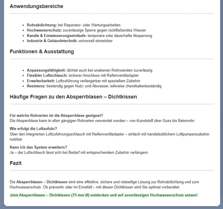 Drexl Absperrblase kurz 75 mm Ø für Rohrdurchmesser 63–80 mm – Rohrdichtkissen, Pipe Plug, Testplug,