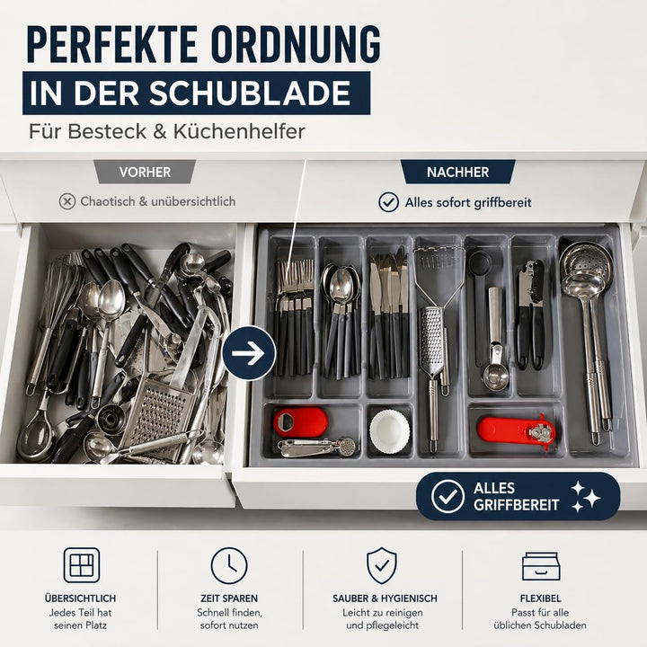 ALUSFERA Besteckkasten für Schubladen 90cm - Besteckeinsatz - Praktisch Schubladen Ordnungssystem -