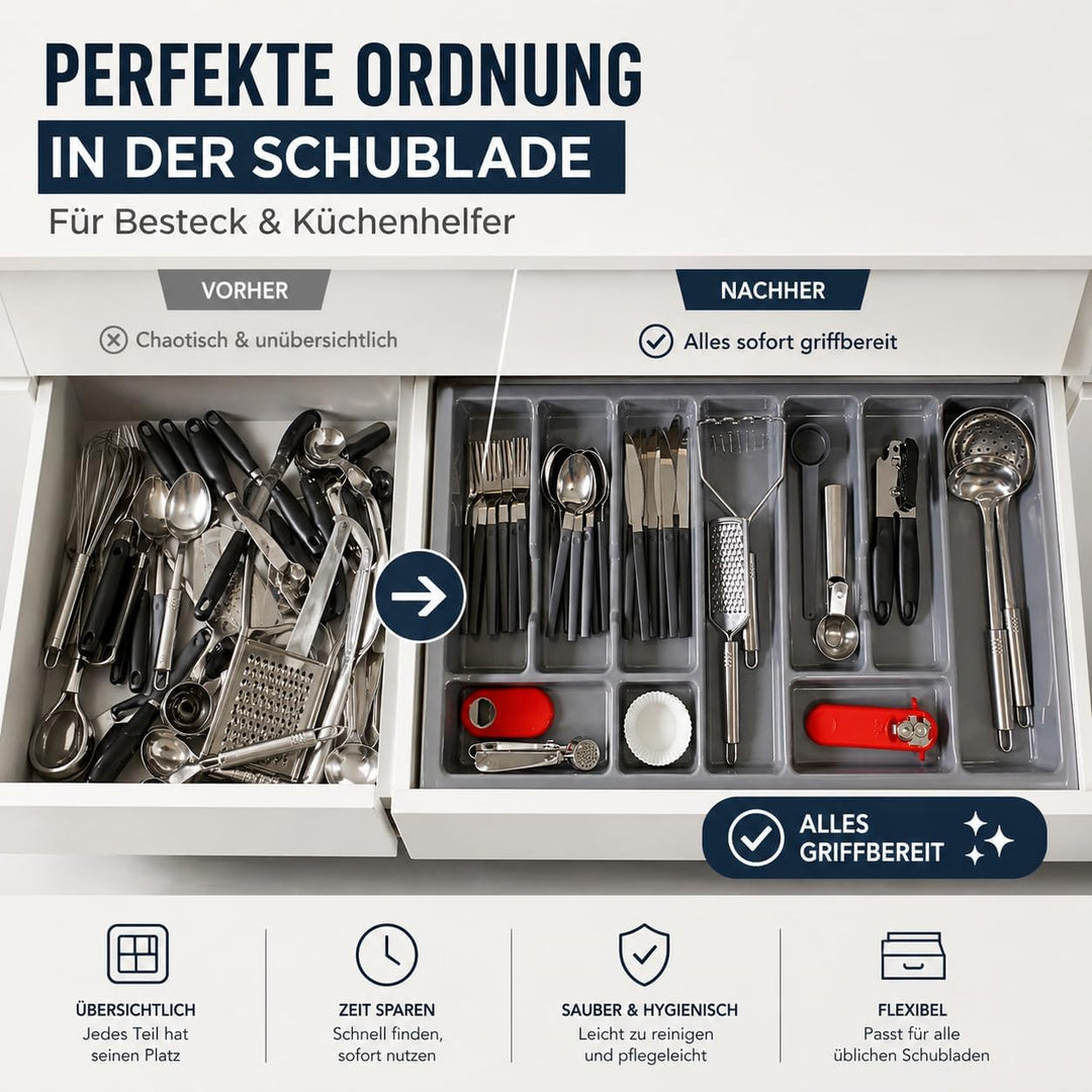 ALUSFERA Besteckkasten für Schubladen 60cm - Besteckeinsatz - Praktisch Schubladen Ordnungssystem -