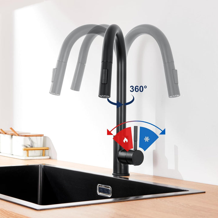Lonheo Schwarze Edelstahl Küchenarmatur mit Dual-Spülbrause, 360° drehbar Wasserhahn Küche ausziehba