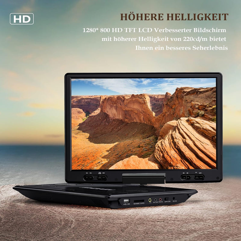 14.1Tragbarer DVD-Player für das Auto,Kinder mit 12,5 grossem HD-Drehbildschirm, exklusives Tastende