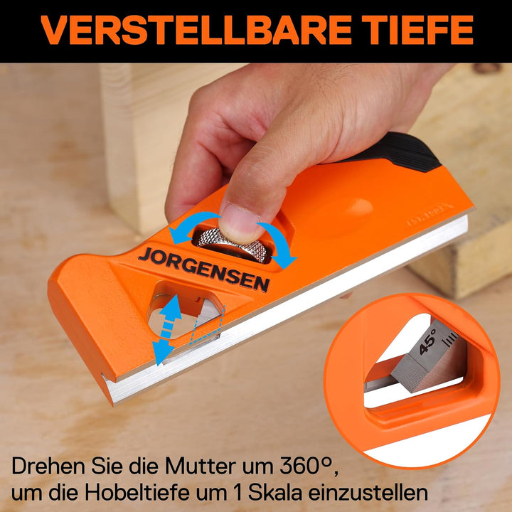 JORGENSEN Kantenhobel Holz mit 4 Schneidköpfen 45°/3/5/6mm, Fasenhobel Eckhobel für Holzbearbeitung,