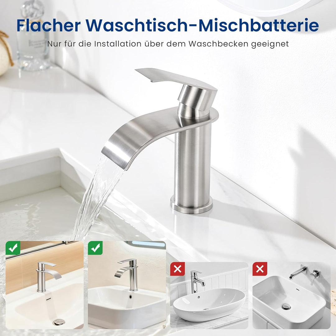 CECIPA Wasserhahn Bad Gebürstet, Edelstahl Waschtischarmatur mit Auslauf Höhe 86 MM, Waschbecken Arm