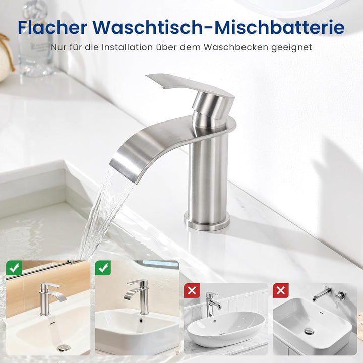 CECIPA Wasserhahn Bad Gebürstet, Edelstahl Waschtischarmatur mit Auslauf Höhe 86 MM, Waschbecken Arm