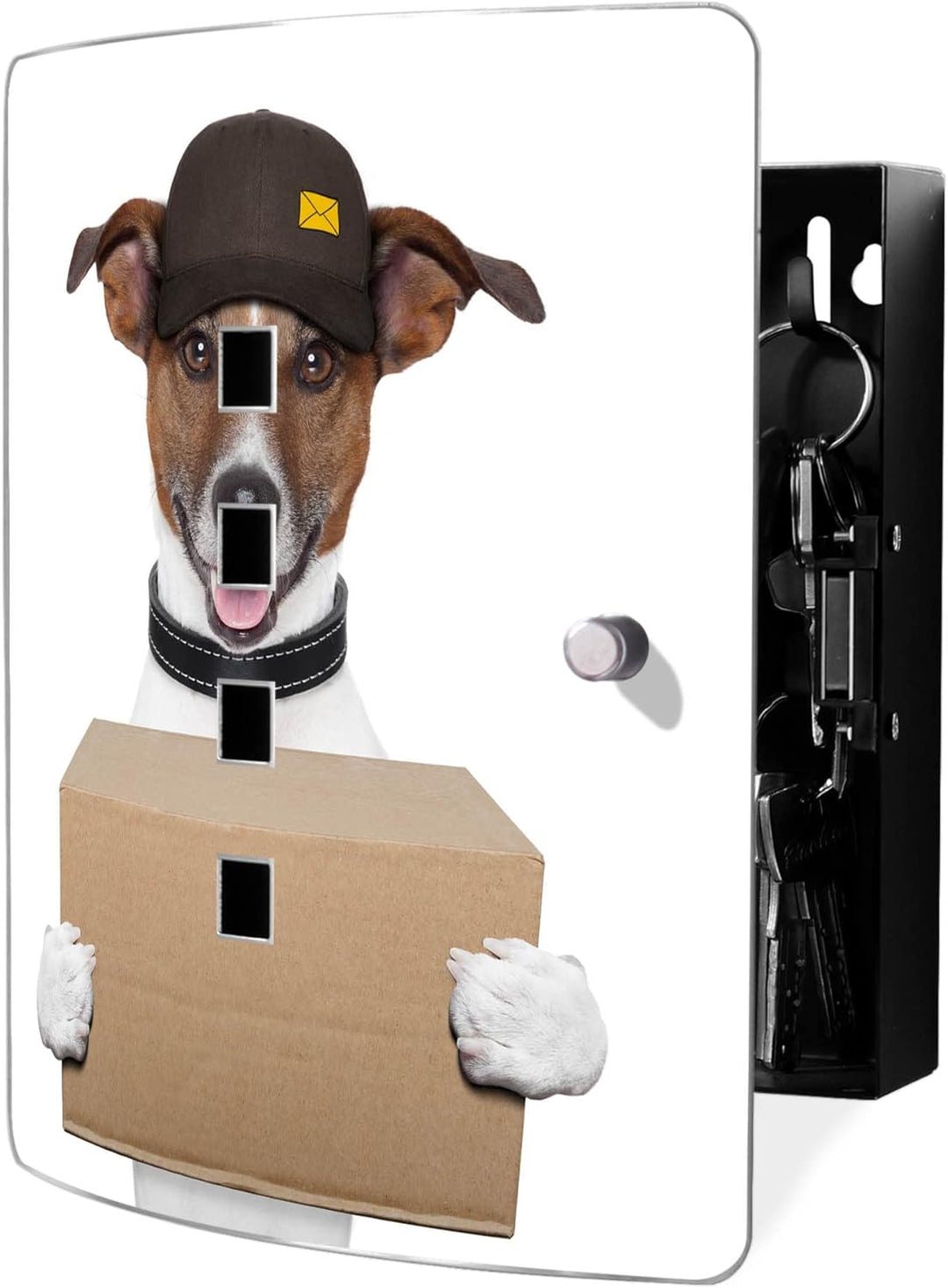 banjado® Design Schlüsselkasten aus Edelstahl Motiv Paketdienst Jack Russel für 24x21,5x7cm Schlüsse