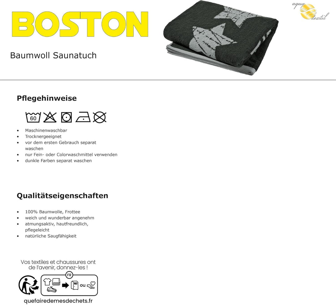 aqua-textil Boston Saunatuch 80 x 200 cm anthrazit grau Baumwolle Strandlaken Frottee Badetuch Handt