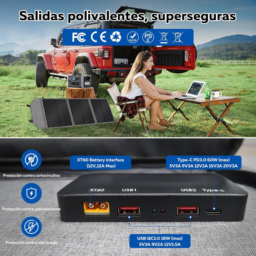 100W Solar Ladegerät mit 5 Anschlüssen, wasserdichtes Solarladegerät, Faltbares Solarpanel mit USB-A