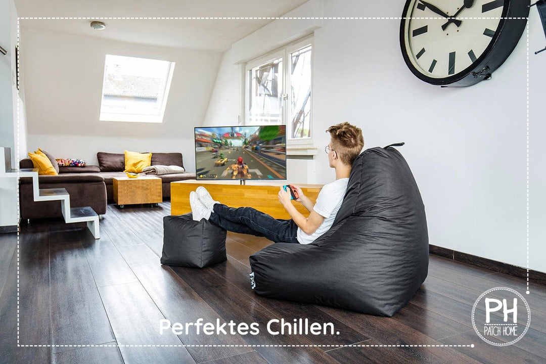 PATCH HOME Patchhome Sitzsack Lounge Sessel + Würfel/Hocker mit Reissverschluss Gamer Sitzkissen fer