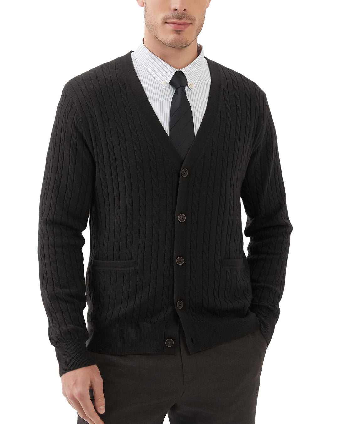 Kallspin Herren Strickjacke aus Wollmischung Zopfstrick Cardigan mit Knopfverschluss und Taschen M S