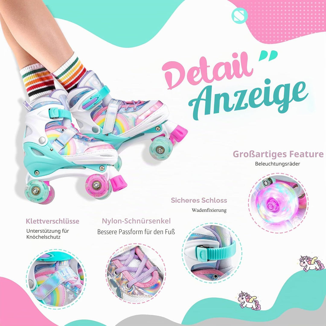 SULIFEEL Rainbow Unicorn Verstellbare Rollschuhe für Kinder mit Leuchtenden Rädern für Mädchen und J