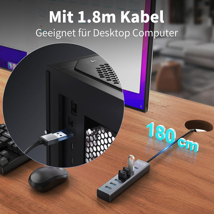 7-Port USB Hub 3.0 mit 180cm Kabel für Desktop, Aluminium USB Hub 5Gbps USB Verteiler Multiport Adap