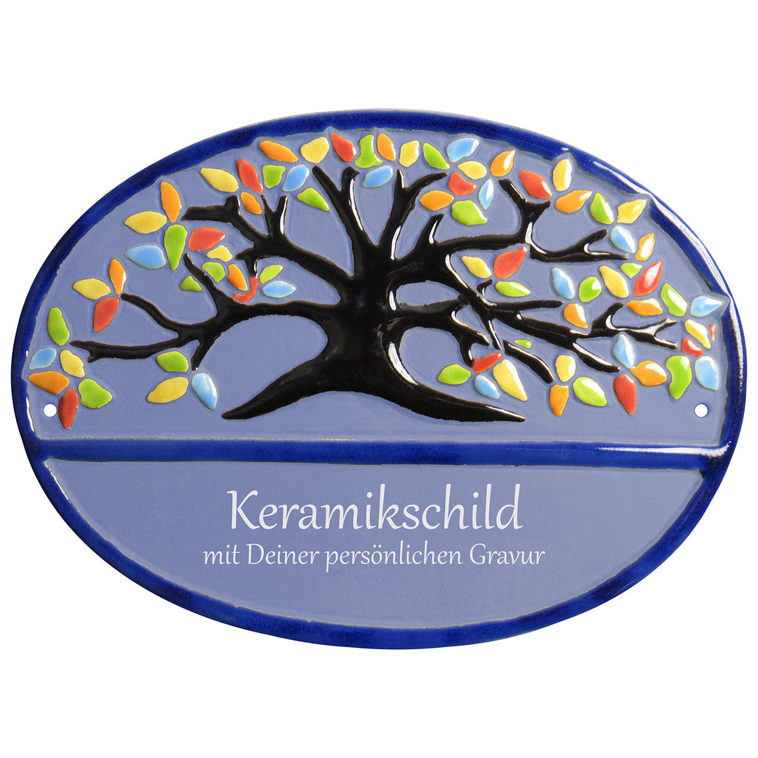 Handarbeit aus Schleswig-Holstein Keramikschild 23,5 x 17,5 cm Bunter Lebensbaum (hellblau), Hellbla
