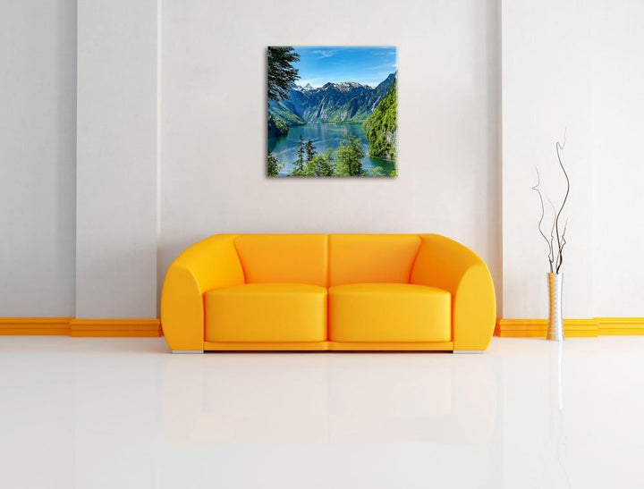 Blick auf den Königssee, Format: 70x70 auf Leinwand, XXL riesige Bilder fertig gerahmt mit Keilrahme