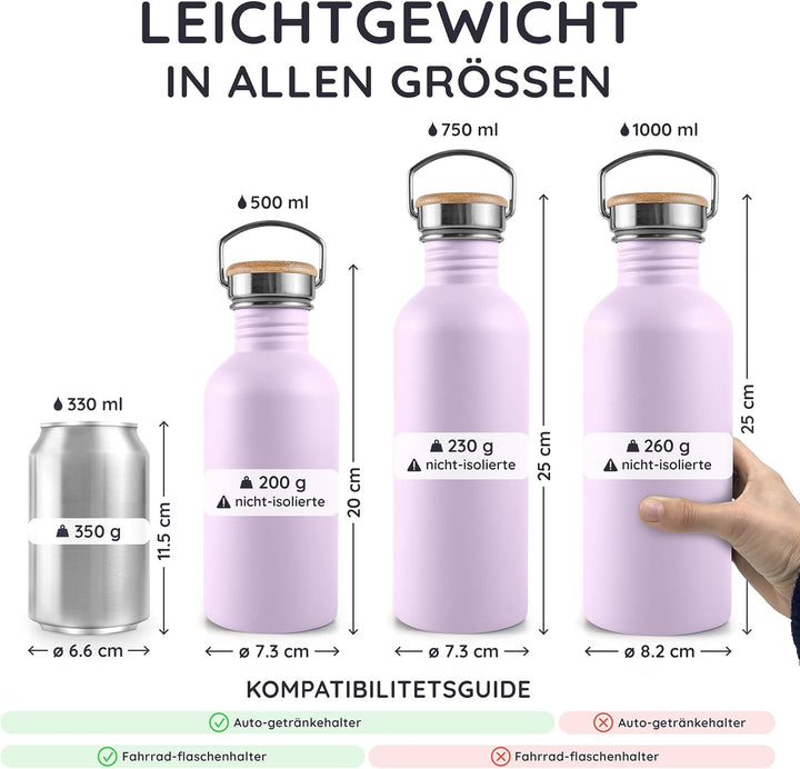 Bambaw Trinkflasche 500ml Edelstahl, Nicht-isolierte Trinkflasche Lila, Trinkflasche Ohne BPA, Metal