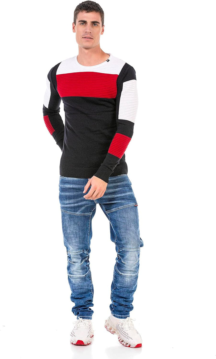Cipo & Baxx Herren Strick Pullover Sweater Gerippt Pulli CP247 Dunkelblau-Rot XL