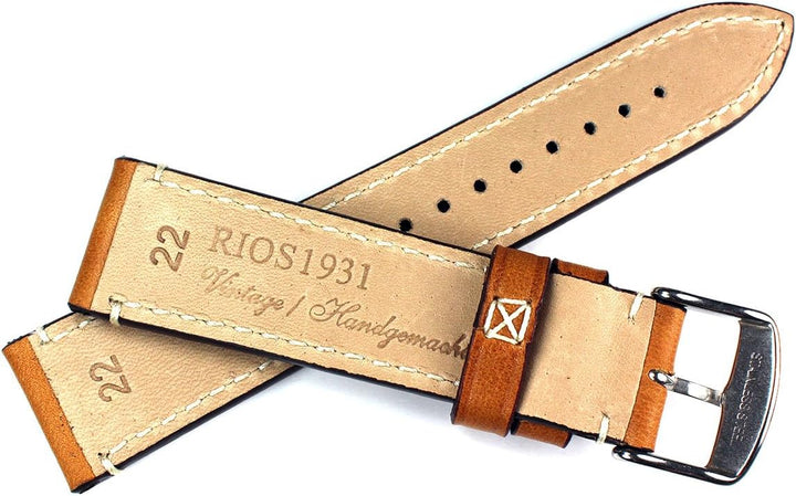 Sulla RIOS 1931 22mm Herren Kalbsleder Deutsch Vintage Aviator Uhrenarmband durchgenäht hell braun C