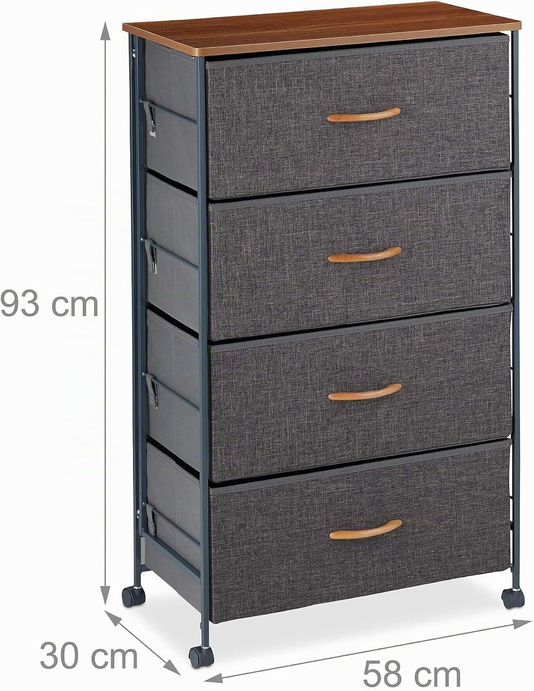 Relaxdays Schubladenschrank mit Rollen, 4 Stoff Schubladen, Deko Stoffschrank, Holzoptik, HBT 93 x 5