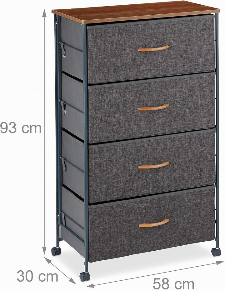 Relaxdays Schubladenschrank mit Rollen, 4 Stoff Schubladen, Deko Stoffschrank, Holzoptik, HBT 93 x 5
