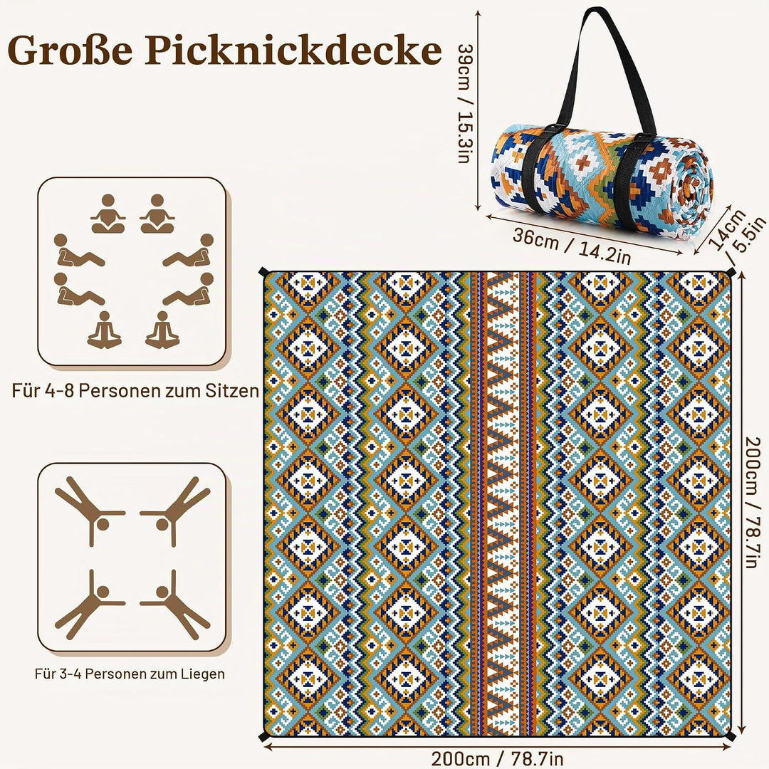 Gucass Boho Picknickdecke 200x200cm, Wasserdicht Stranddecke Sandfrei Strandmatte mit Tragegurt &amp; 4X
