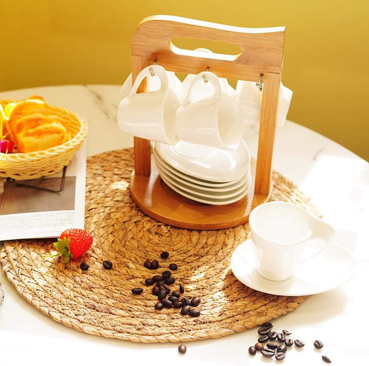 JUJOYBD Espressotassen Set mit Ständer, 6 x 80ml Porzellan Espresso Tassen mit Untertassen Set, Mokk