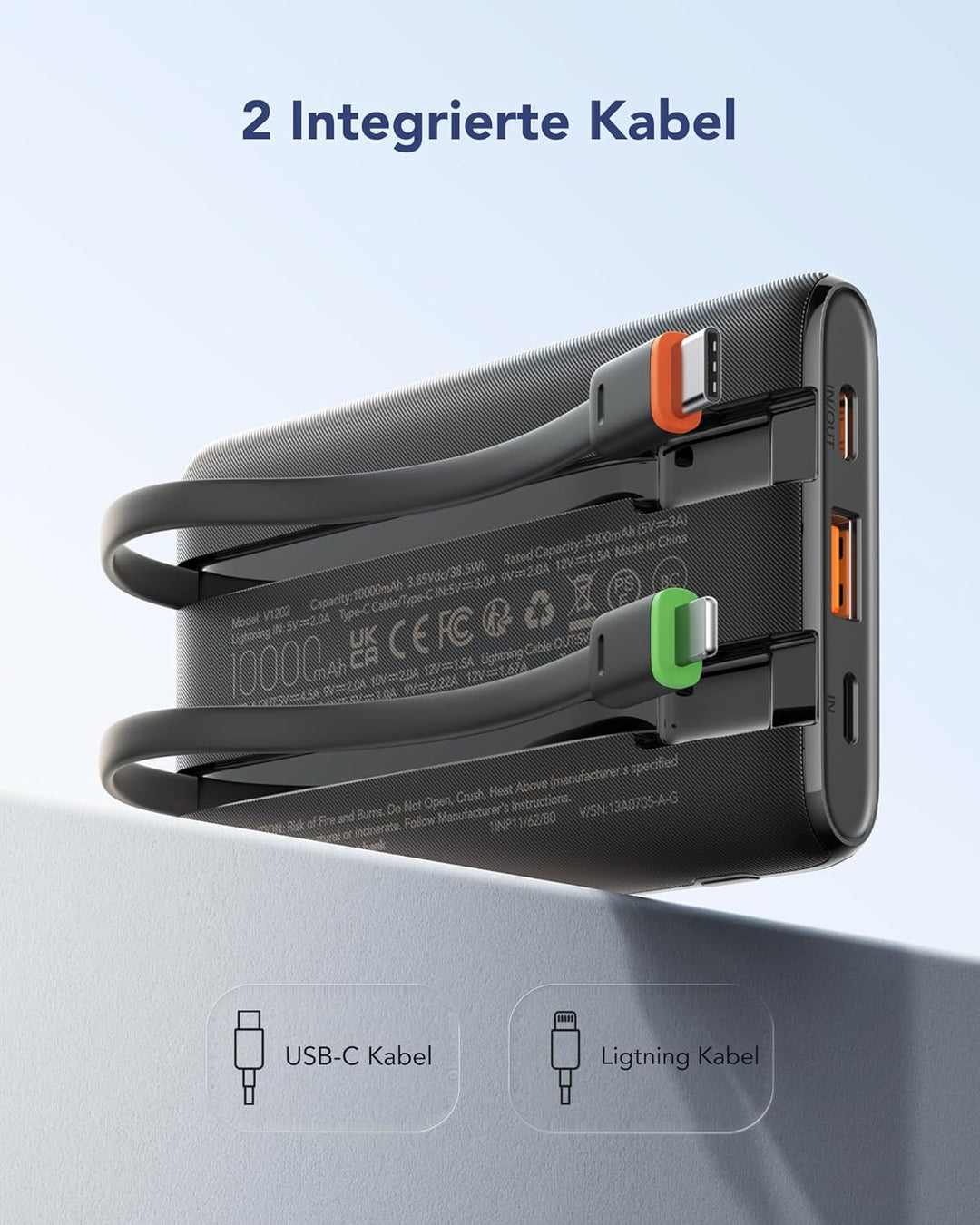 VEGER Power Bank 10000mAh Klein, 22.5W Schnellladung PowerBank mit Integriertem USB-C Kabel, Externe