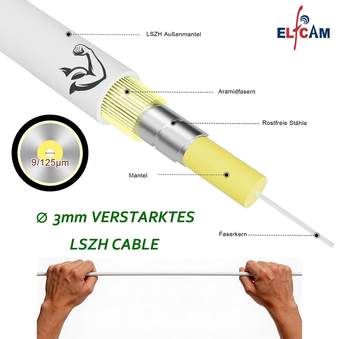 Elfcam - 50m Glasfaser-Kabel LC/APC auf SC/UPC Stecker für FRITZ!Box, Simplex Singlemode 9/125μm OS2