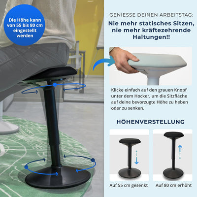 Backerz ergonomischer Wackel-Hocker - Bürohocker mit 55-80 cm Höhenverstellbar, Stehhocker, Arbeitsh