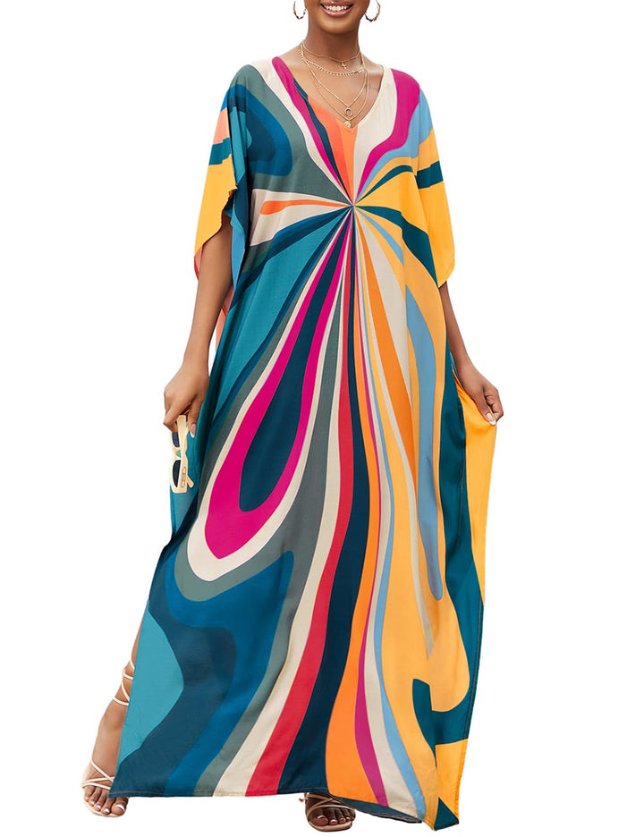 Bsubseach Damen Strandkleid Ethnic Print Kaftan Beach Maxi Kleider Blaue Geometrie, Blaue Geometrie