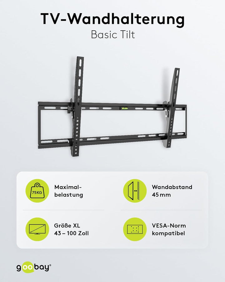goobay TV-Wandhalterung 43–100 Zoll, neigbar bis 10°, ultraflach 45 mm, VESA 800x400, bis 75 kg – Ba