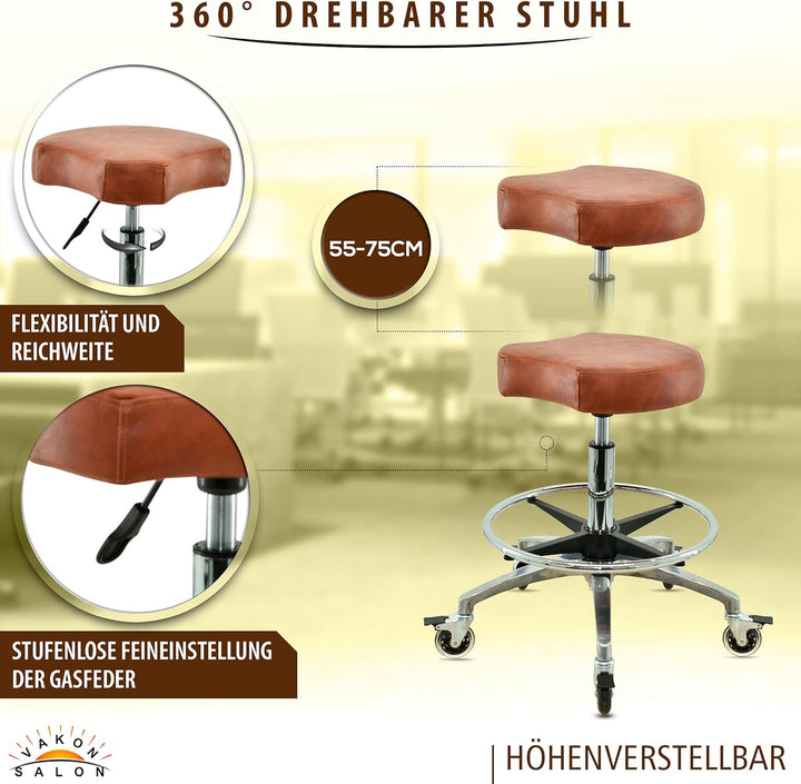 Ergonomischer Rollhocker in Hellbraun mit Fussring - Premium Rollen mit Bremse - Höhenverstellbarer