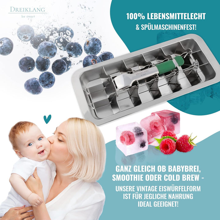 Dreiklang - be smart® Polierte 18/8 Edelstahl Eiswürfelform mit tropfsicherem Tablett zum Servieren