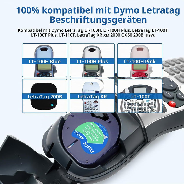 6er Pack Etikettenband Kompatibel mit DYMO Letratag Etikettenband Plastik 12mm x 4m Kompatibel mit L