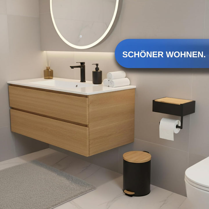 Toilettenpapierhalter mit Feuchttücherbox - Edelstahl & Bambus - Toilettenpapierhalter ohne Bohren -