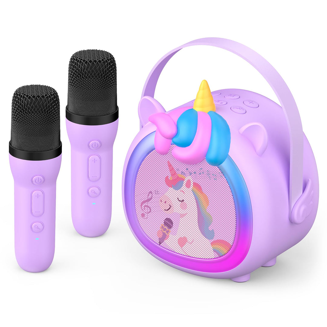Kinder Karaoke Maschine mit 2 kabellosen Bluetooth Mikrofonen, Kompaktes Einhorn Musikspielzeug mit