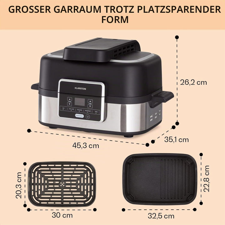 Klarstein 2-in-1 Heissluftfritteuse mit Grill, Airfryer mit Schnellaufheizung 1500W, XL Heissluftfri