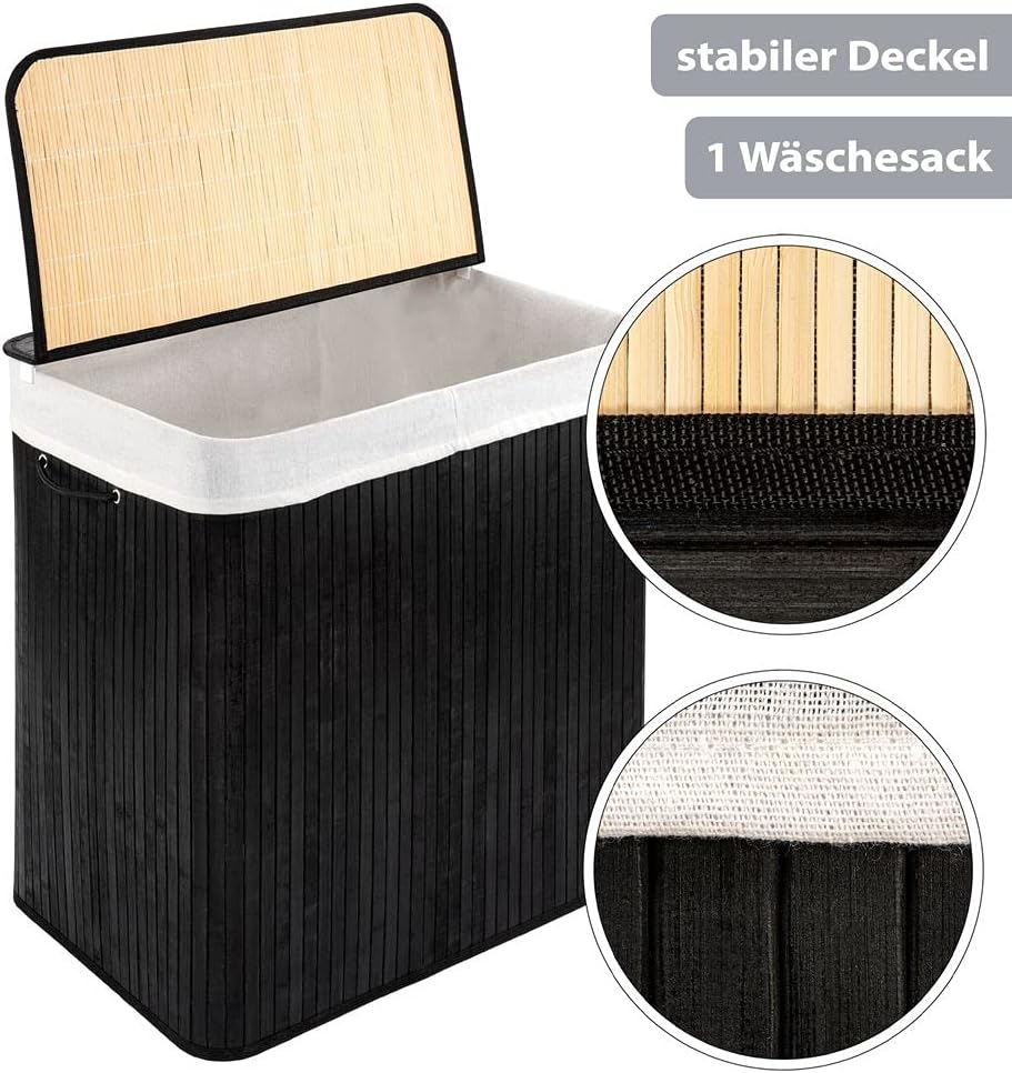 PANA®ECO Bambus Wäschekorb mit Deckel - 72 L, 40x30x60 cm - Farbe: Schwarz | Herausnehmbarer Wäsches