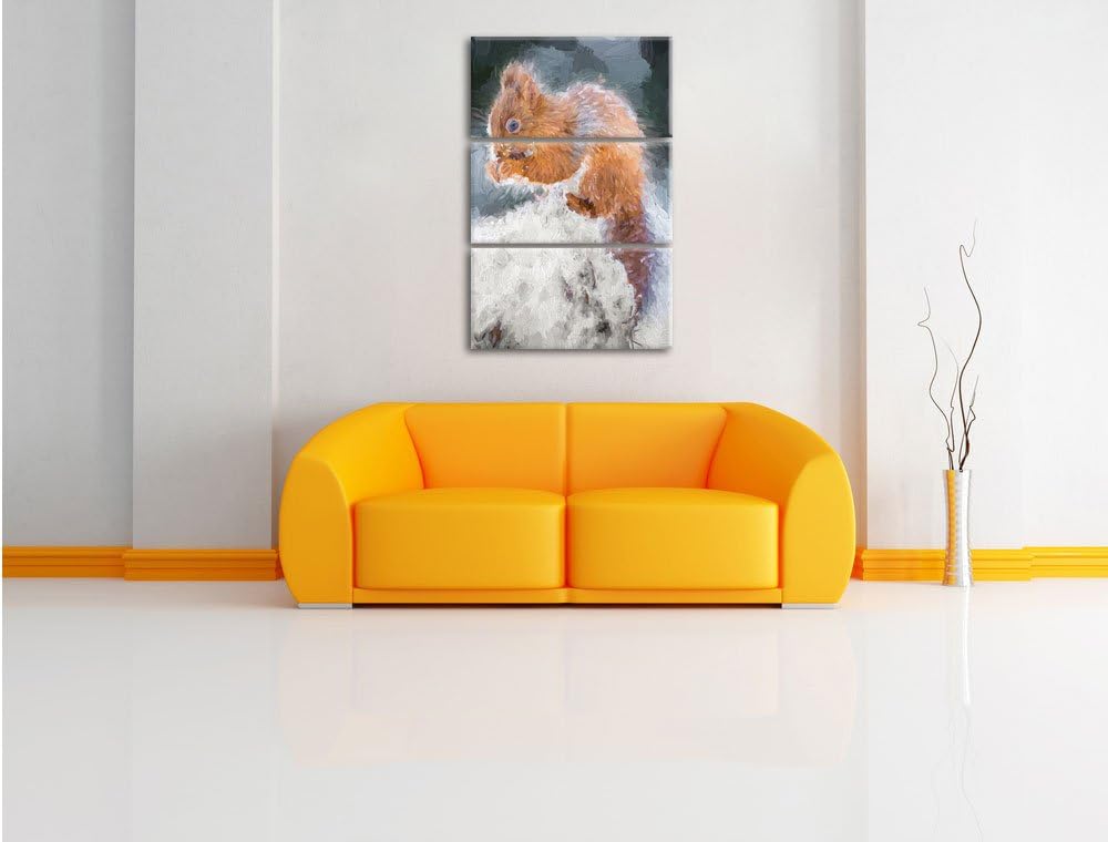 Pixxprint Kleines Eichhörnchen im Winter Pinsel Effekt 3-Teiler Leinwandbild 120x80 Bild auf Leinwan