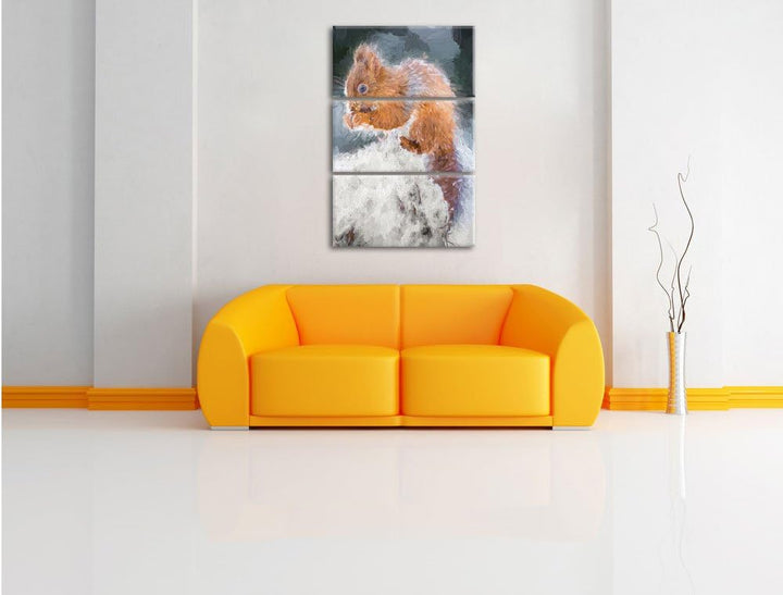 Pixxprint Kleines Eichhörnchen im Winter Pinsel Effekt 3-Teiler Leinwandbild 120x80 Bild auf Leinwan
