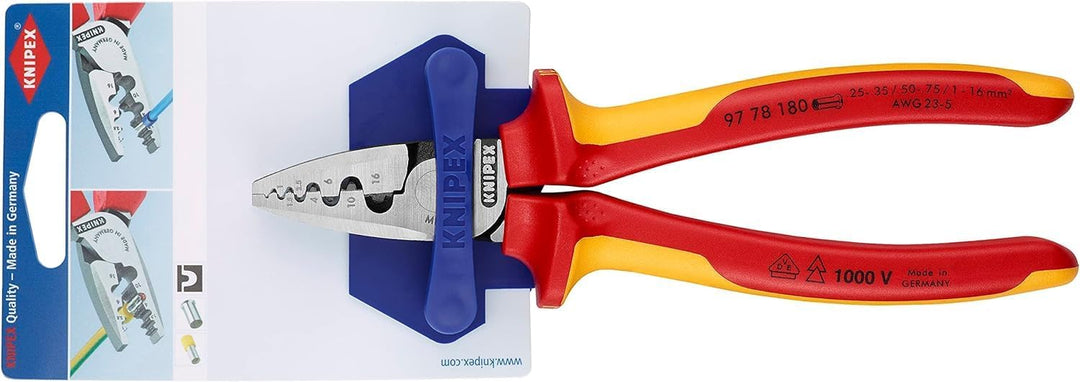 Knipex Crimpzange für Aderendhülsen isoliert mit Mehrkomponenten-Hüllen, VDE-geprüft 180 mm (SB-Kart