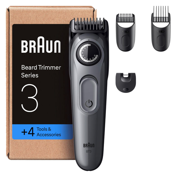 Braun Barttrimmer Series 3, Elektrischer Bartschneider Herren, 4 Zubehörteile, Ultrascharfe ProBlade