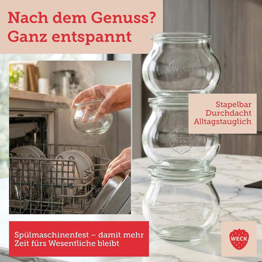 Weck Gläser 190ml – 12er Set mit Deckeln – Schmuckform – robuste, stapelbare Vorratsgläser & Einweck